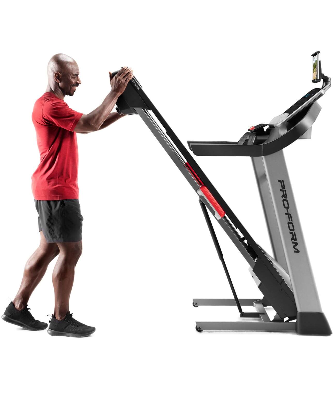Image showing the treadmill folding up for easy storage